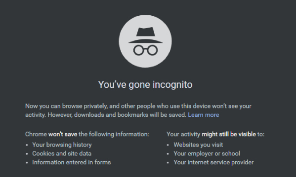 Screenshot of the Chrome browser in Incognito mode that keeps the browser from saving the history, cookies, or form data of an user.