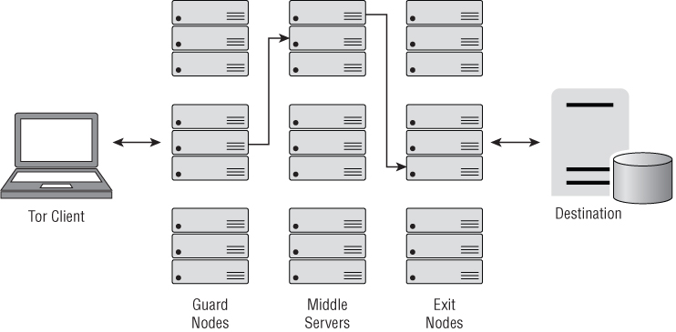 Illustration depicting the route that data takes from a Tor Browser client to the destination circuit that is built one hop at a time so that each relay only knows to whom the data is being given, and where it is sending that data.