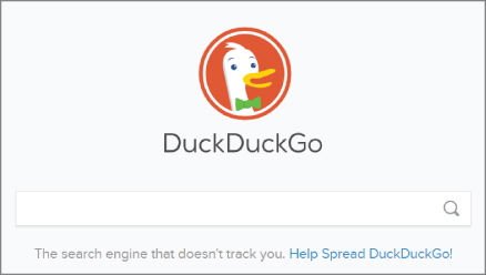 Screenshot displaying the default search engine of the DuckDuckGo browser providing end-to-end protection for wireless communications.