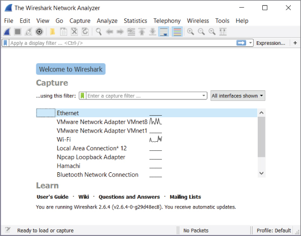 Screenshot of the Wireshark Network Analyzer for choosing a network interface card for capture, depicting peaks and valleys when there is traffic on an interface and a flat line when the interface is not active.