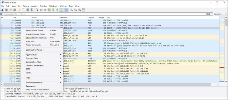 Screenshot displaying the protocols and fields of the packet traffic to select a packet for options in the packet list pane on the left.