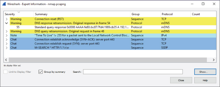 Screenshot displaying the summary of the expert Info tool coded “hints,” enabling expert users to solve issues quickly rather than combing through every packet manually.