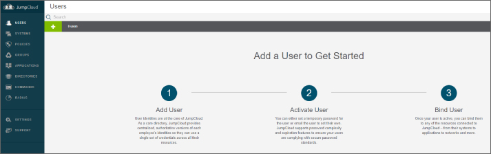 Screenshot depicting how to add a user in the JumpCloud web interface and get started by activating and binding the user.