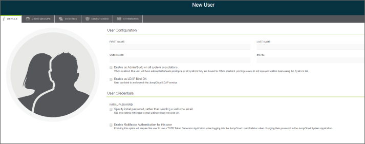 Screenshot of the New User dialog box to define the new user’s first name, last name, username, and email address.