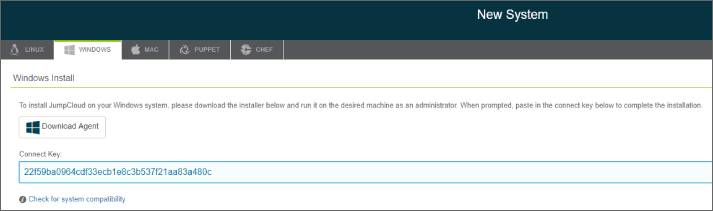 Screenshot of the New System dialog box for downloading the Windows Agent and using the connect key to complete the installation.