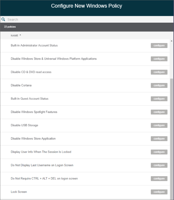 Screenshot for configuring New Windows policies, displaying a list of 22 policies that can be configured by default.