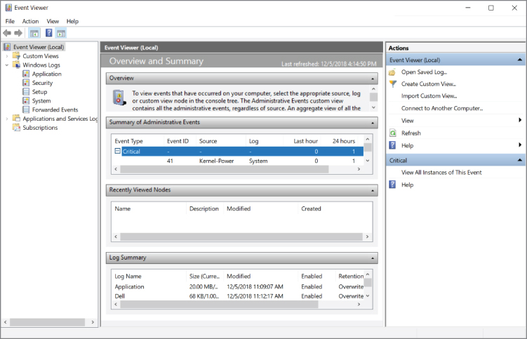 Screenshot of the Windows Event Viewer screen displaying the logs and summary of administrative events that can be viewed through a graphic user interface (GUI).