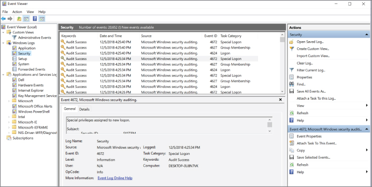 Screenshot of the Event Viewer screen displaying a hierarchy of log files of the left pane and security logs on a Windows machine, on the right pane.