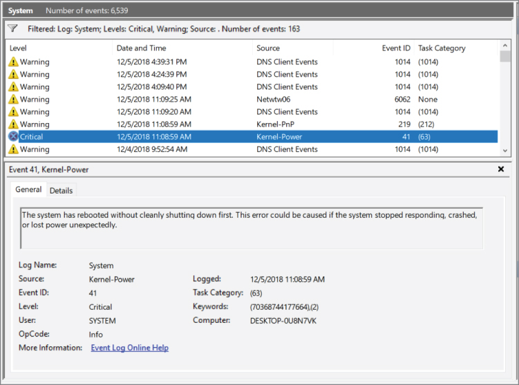 Screenshot displaying a System folder on a Windows machine, which is an excellent place to filter critical events such as configuration changes or power loss.