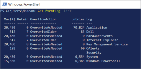 Screenshot of the Windows PowerShell screen displaying a list of available locations of logs on a local machine.