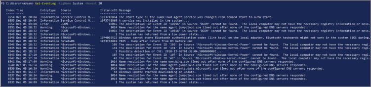 Screenshot displaying a command for retrieving the index, time, type, source, and message of the last 20 system logs.