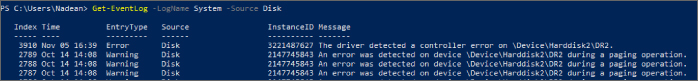 Screenshot of a command displaying the disk errors and warnings in system logs.