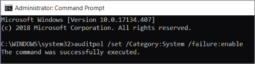 Screenshot of the Administrator Command Prompt screen displaying an elevated command prompt turning on security audit logs.