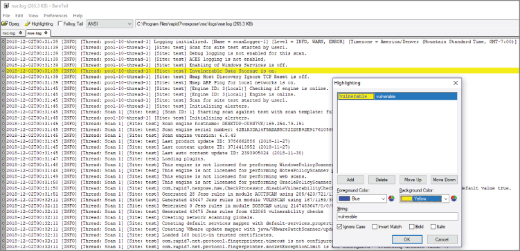 “Screenshot for applying a filter to nse.log to find “vulnerable” assets, displaying Vulnerable or Not Vulnerable options when it examines a possible vulnerability on an asset.”