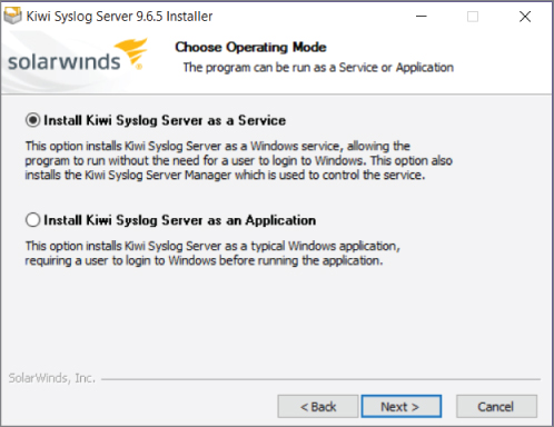 Screenshot of the Kiwi Syslog Installer for choosing a service or application operating mode for installing Kiwi Syslog Server as a Service.