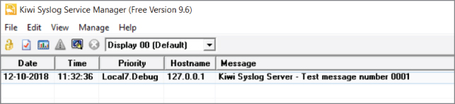 Screenshot of the Kiwi Syslog Service Manager for successfully testing a message in the server to make sure that it is actually running.