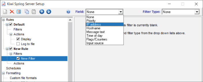 Screenshot for creating a filter in Kiwi Syslog Server displaying several options to filter on, including priority, IP address, or hostname.