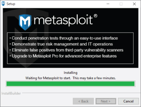 Screenshot of the setup window for installing the Metasploit community and waiting for it to start indicating that it may take a few minutes.