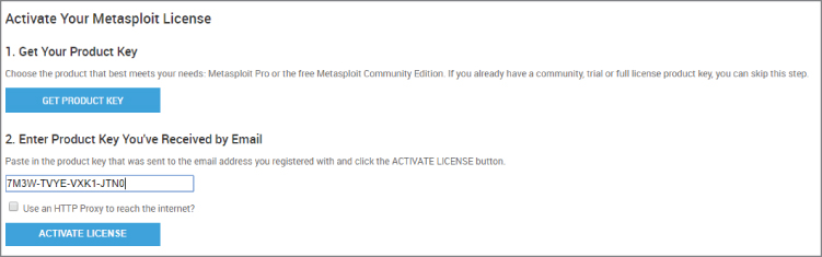 Screenshot for activating the Metasploit Community license and getting the product key and entering it in the box provided.