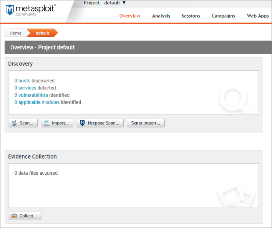 Screenshot for exploring a default project in Metasploit Community to launch a new scan, import a previous scan, launch an ad hoc Nexpose scan, or use a tool called Sonar.