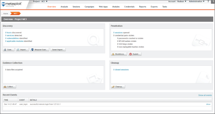 Screenshot of the Metasploit Community project overview to review the target settings defined in a project.