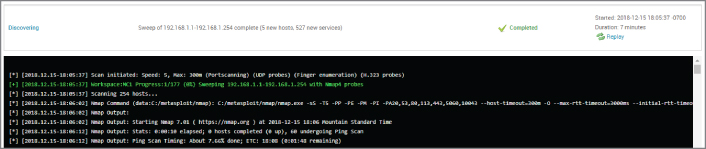 Screenshot displaying a task pane of the initial scan of MC1 completed with 7 new hosts and 26 new services.