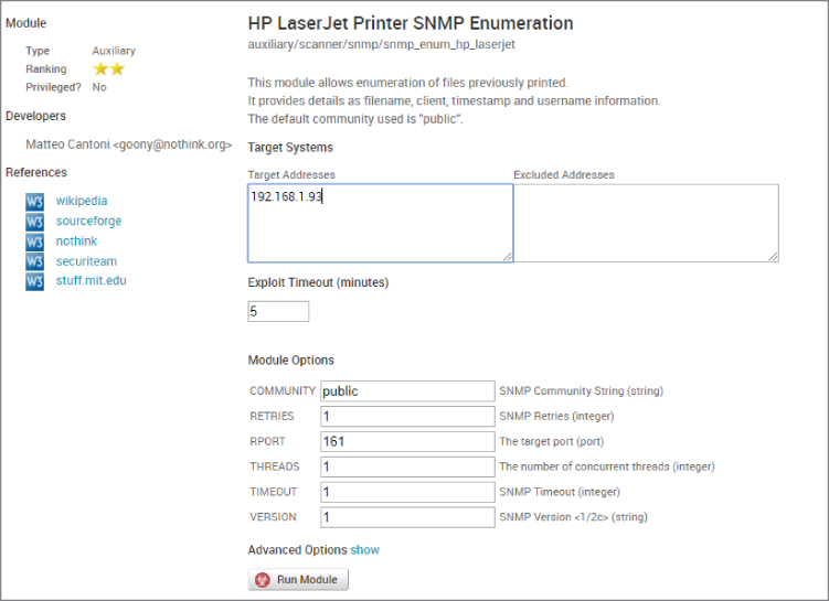 Screenshot for configuring a Metasploit auxiliary module for possible exploitation against a printer.