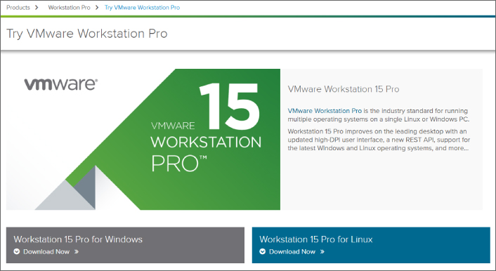 Screenshot displaying the VMware Workstation Pro download—both the Windows and Linux versions, directly from the manufacturer.