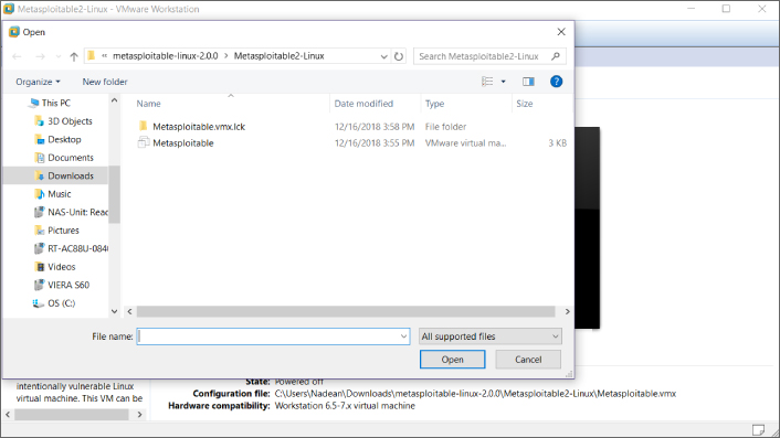 Screenshot of the VMware virtual machine, for opening a file called Metasploitable.vmx from the directory.