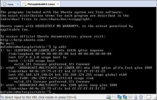 Screenshot displaying the command prompt of the ifconfig on the Metasploitable2 box.