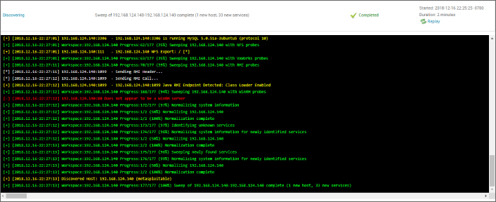 Screenshot displaying the results of a successful Metasploitable2 scan in a command prompt.