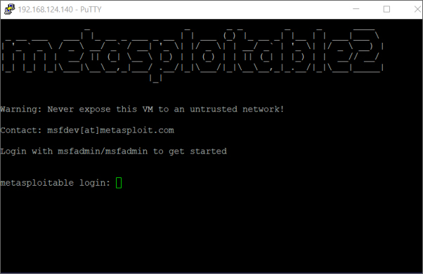 Screenshot of a command prompt displaying the information acquired in Metasploit Community to use PuTTY to access the machine.