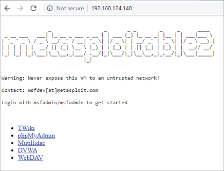 Screenshot of the Metasploitable2 web application home page displaying web applications that can be accessed from this page.