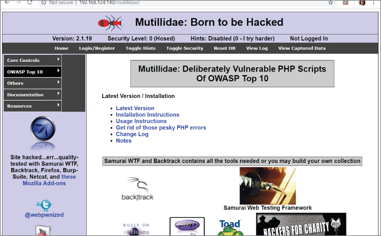 “Screenshot of the Mutillidae web application that contains all the vulnerabilities from the OWASP Top 10.”