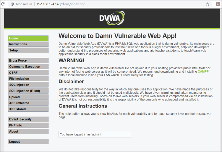 Screenshot displaying the DVWA home page to help security professionals test their skills and tools in a legal environment and help web developers to understand the processes of securing web applications.