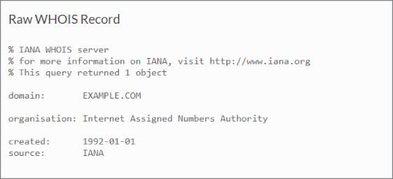 Illustration displaying the ICANN WHOIS domain lookup results for a website, www.example.com