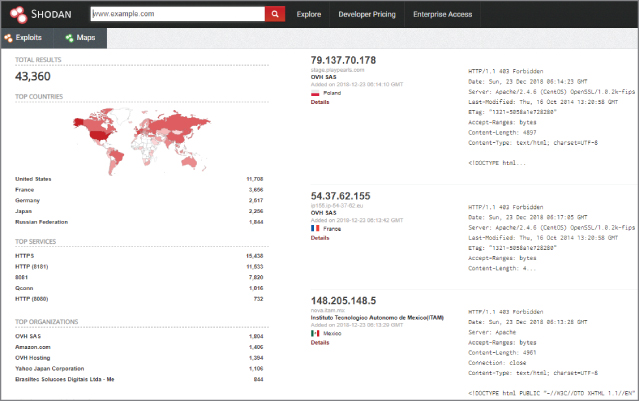 Screenshot of the Shodan page depicting top countries, services, and organizations that have a publicly exposed server with www.example.com in their details.