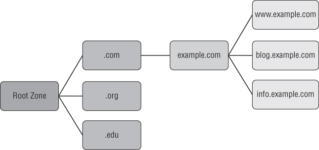 Schematic illustration of the domain namespace root zone of example.com, organized like a tree according to the hierarchy of cascading lower-level domains.