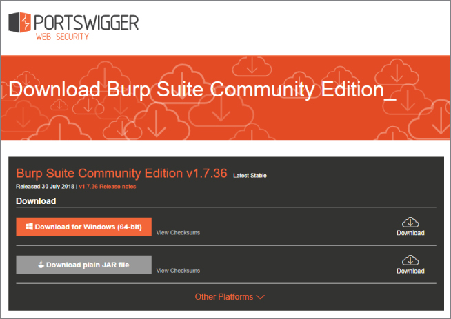 Screenshot of the PortSwigger Web Security page for downloading Burp Suite Community Edition.