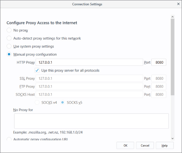 Screenshot displaying the Connection Settings of the Mozilla Firefox for a Burp Suite network proxy access to the Internet.