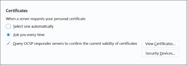 Screenshot for loading the CA certificate into Firefox Preferences located under Privacy and Security.