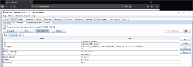 “Screenshot depicting the successful capture of information between the Firefox browser welcome page and Burp Suite.”