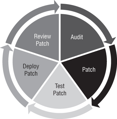 Illustration depicting the patch management lifecycle: Review patch, Audit, Patch, Test Patch, and Deploy Patch.