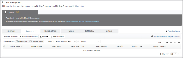 Screenshot of the Scope Of Management page in Desktop Central 10 for adding computers.