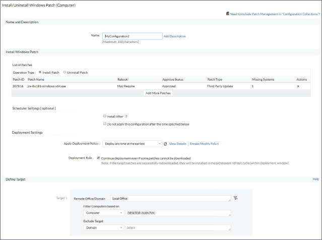 Screenshot depicting the Install/Uninstall Windows Patch page based on the operation type with the scheduler and deployment settings.