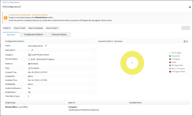 Screenshot depicting the deployment execution status for patch management of a Java vulnerability in graph form.