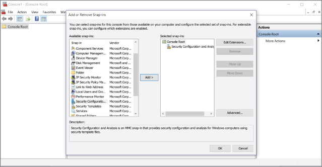 Screenshot for building the Security Configuration And Analysis MMC to add or remove snap-ins.