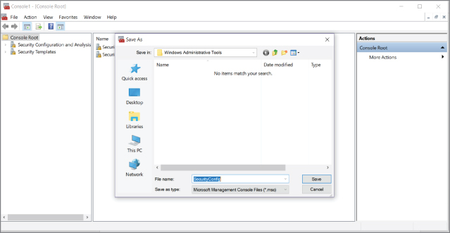 Screenshot for saving the SecurityConfig MMC using the Save As button, for future use.