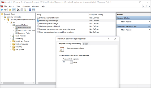 Screenshot for configuring the test security template's Maximum Password Age policy.