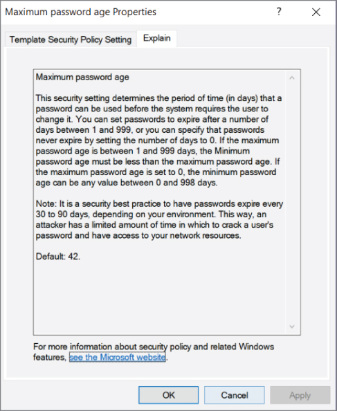 Screenshot of the Microsoft explanation of password-policy best practices.